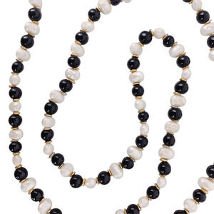 Vintage Baroque Faux Pearl, Black Glass Bead Necklace 1980s, 30" Strand